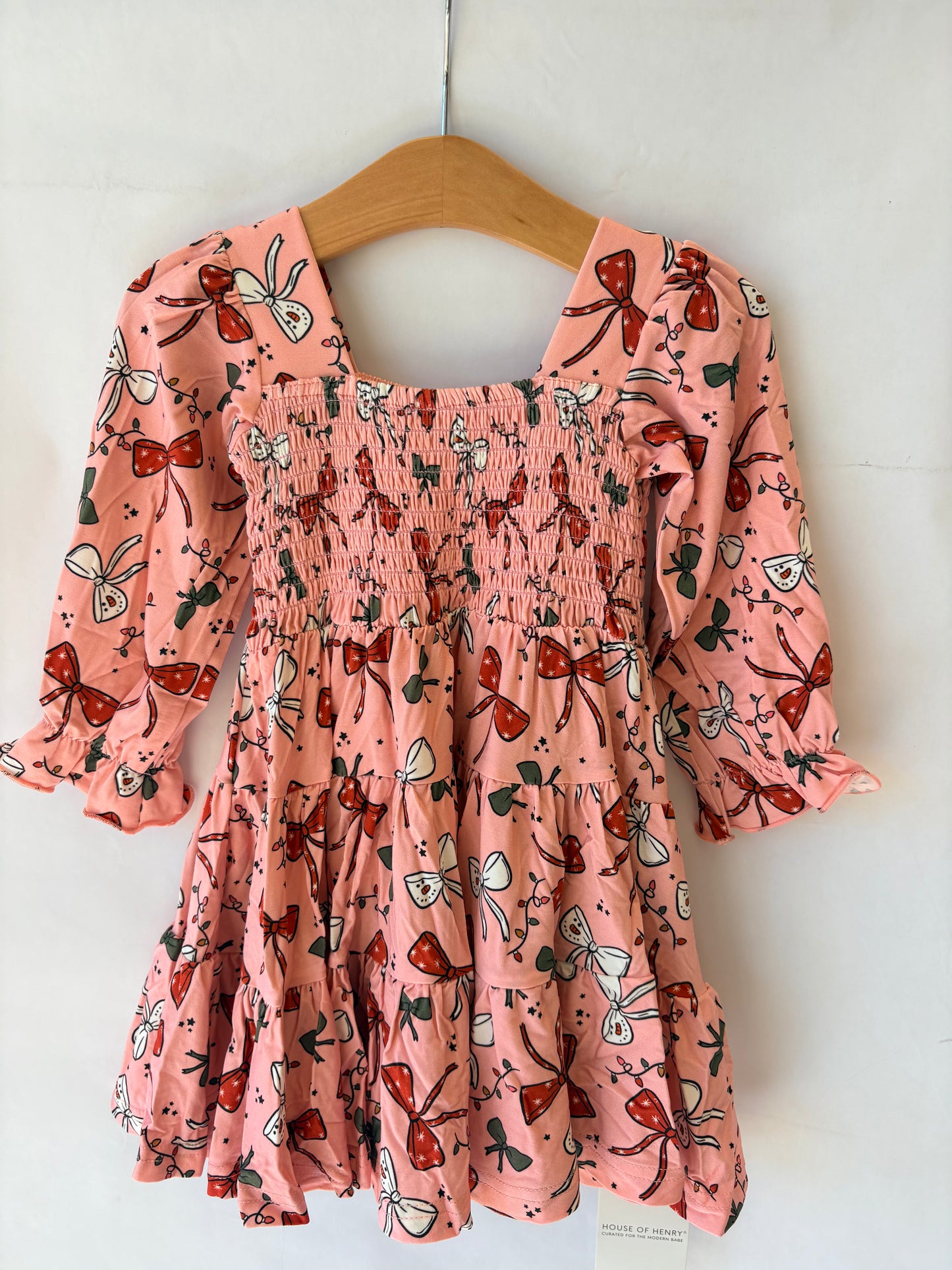 Holiday Bows Shirred Long Sleeve Dress