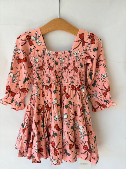 Holiday Bows Shirred Long Sleeve Dress