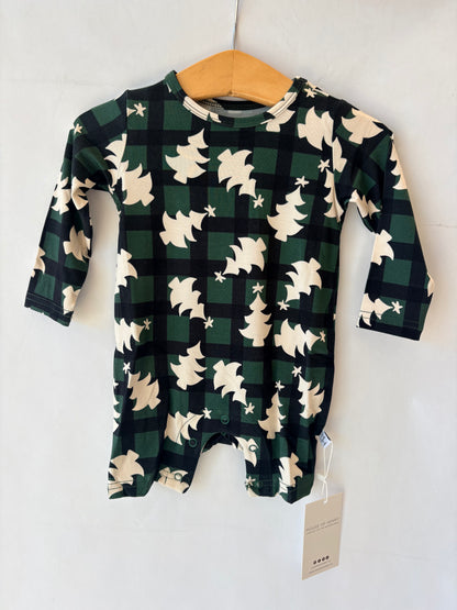 Shorty Long Sleeve Holiday Plaid Trees Romper