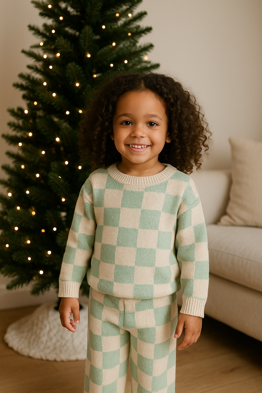 Cream and Green Check Knit 2 Piece Set