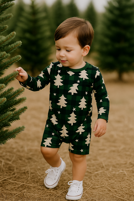 Shorty Long Sleeve Holiday Plaid Trees Romper